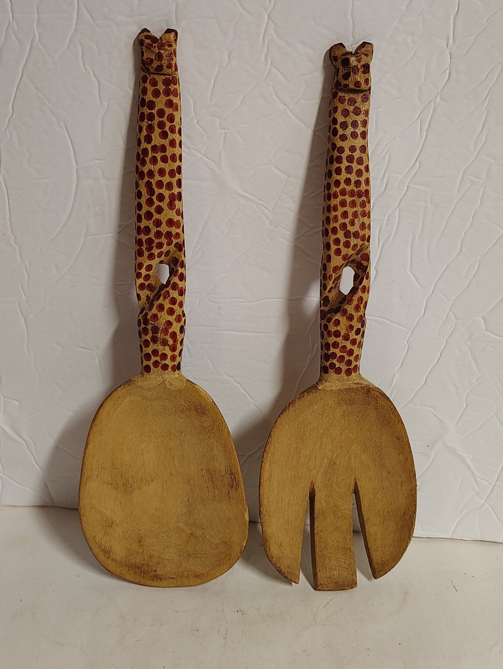 Primitive Hand Carved Giraffe Spoon Fork Salad Serving Utensils Vintage Wood 11"